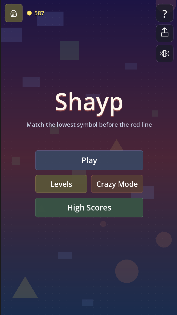 Shayp main menu screen