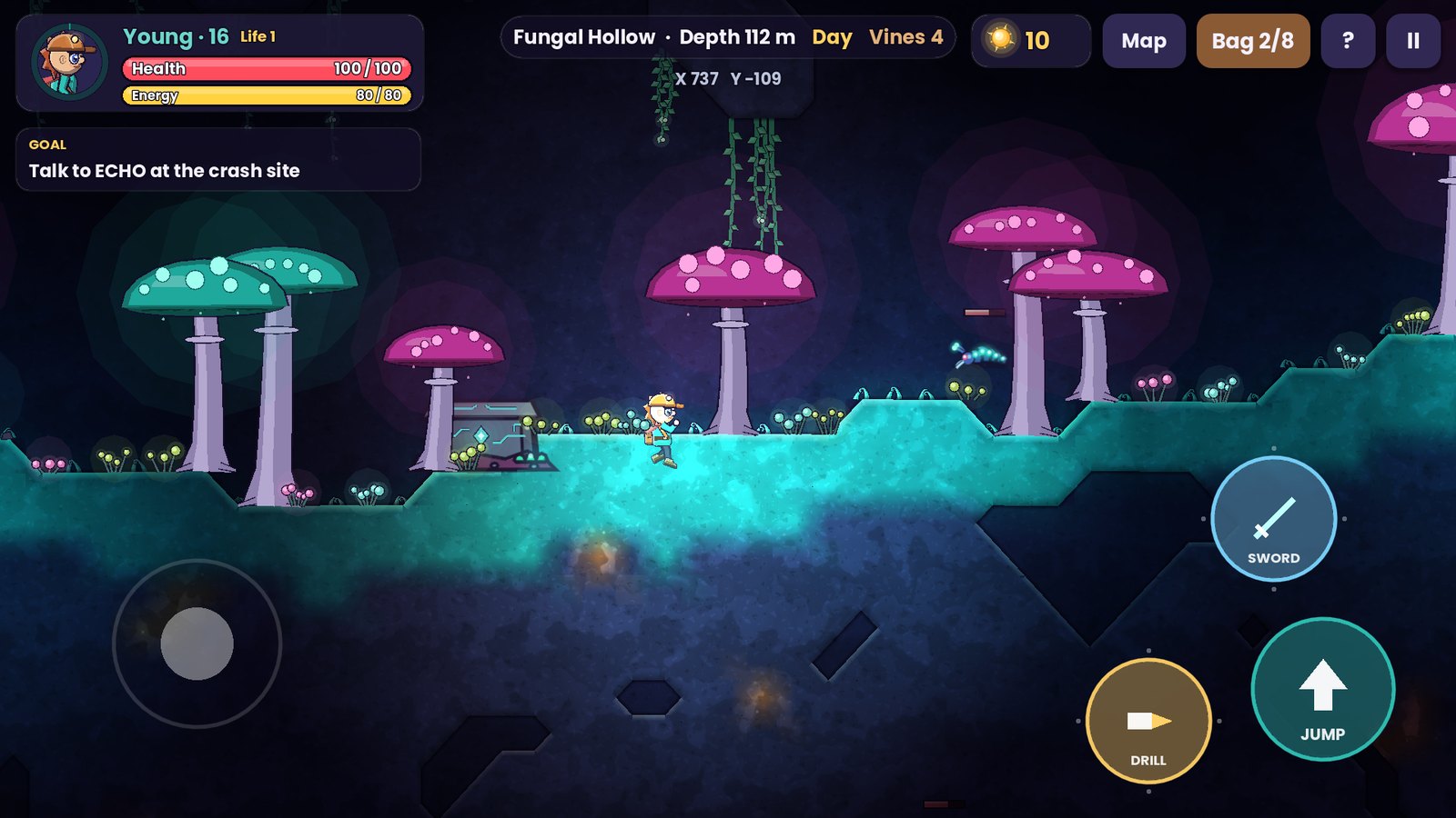 Giant glowing mushrooms in a Fungal Hollow cavern, 112 metres down