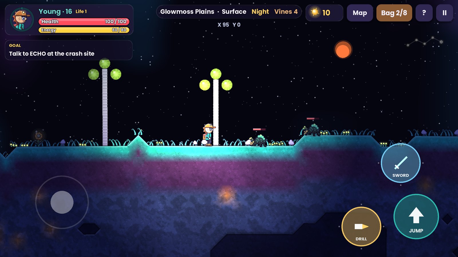Night on the far side of the planet, with two beetles crawling towards the explorer