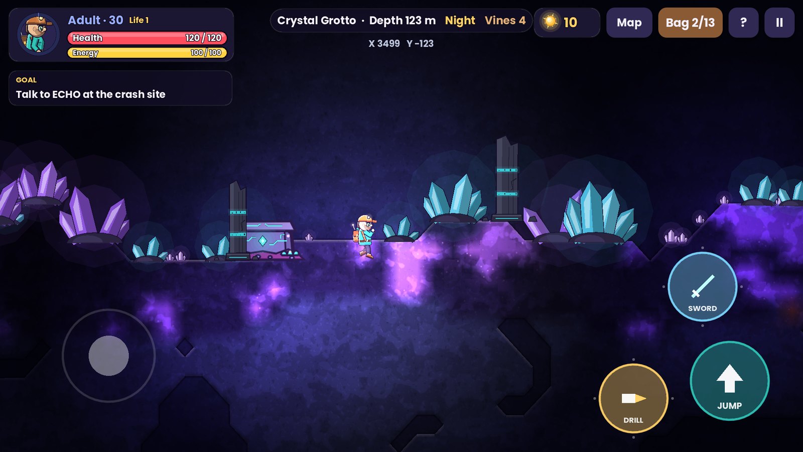 The adult explorer in a Crystal Grotto full of purple and blue crystals