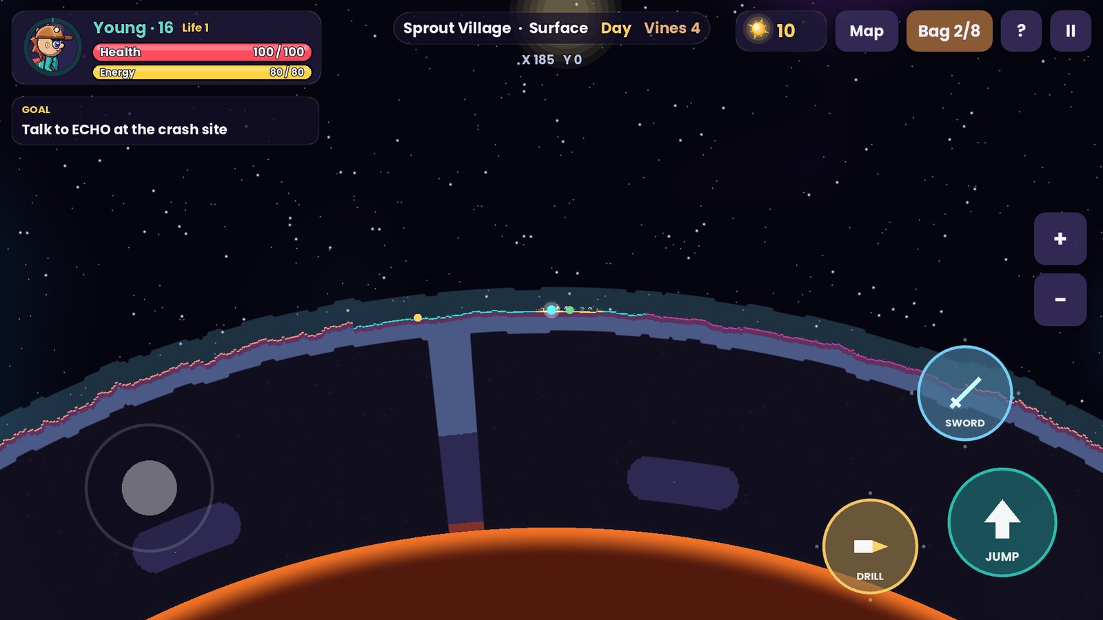 The planet map with fog of war: the explored surface, a shaft to the core and the caverns found so far