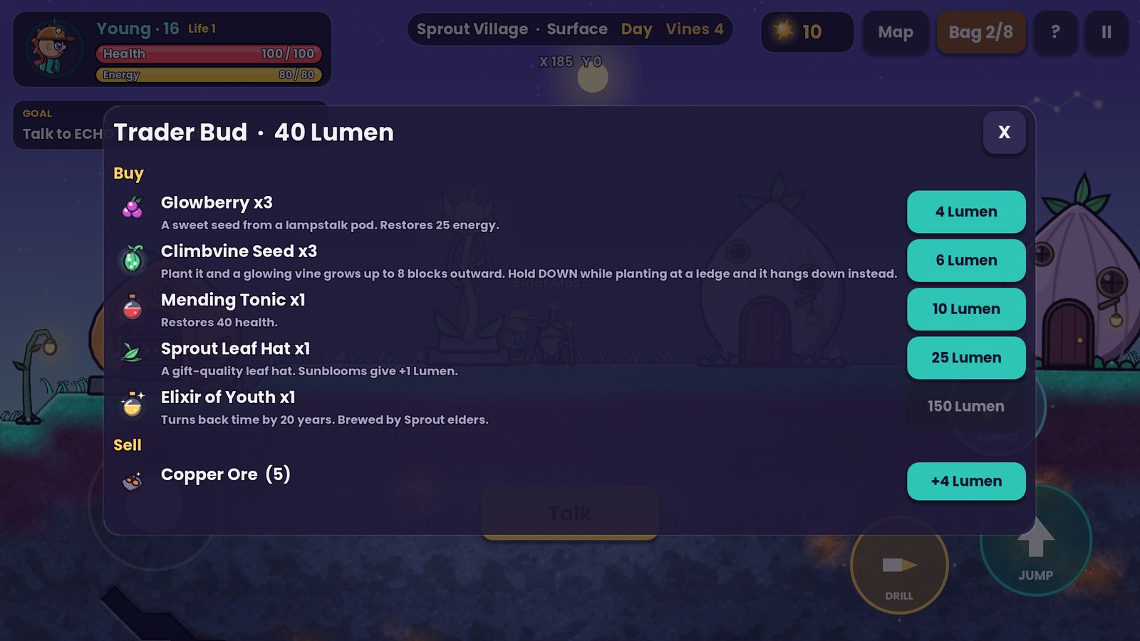 Trading with Trader Bud: glowberries, Climbvine seeds and an Elixir of Youth for Lumen