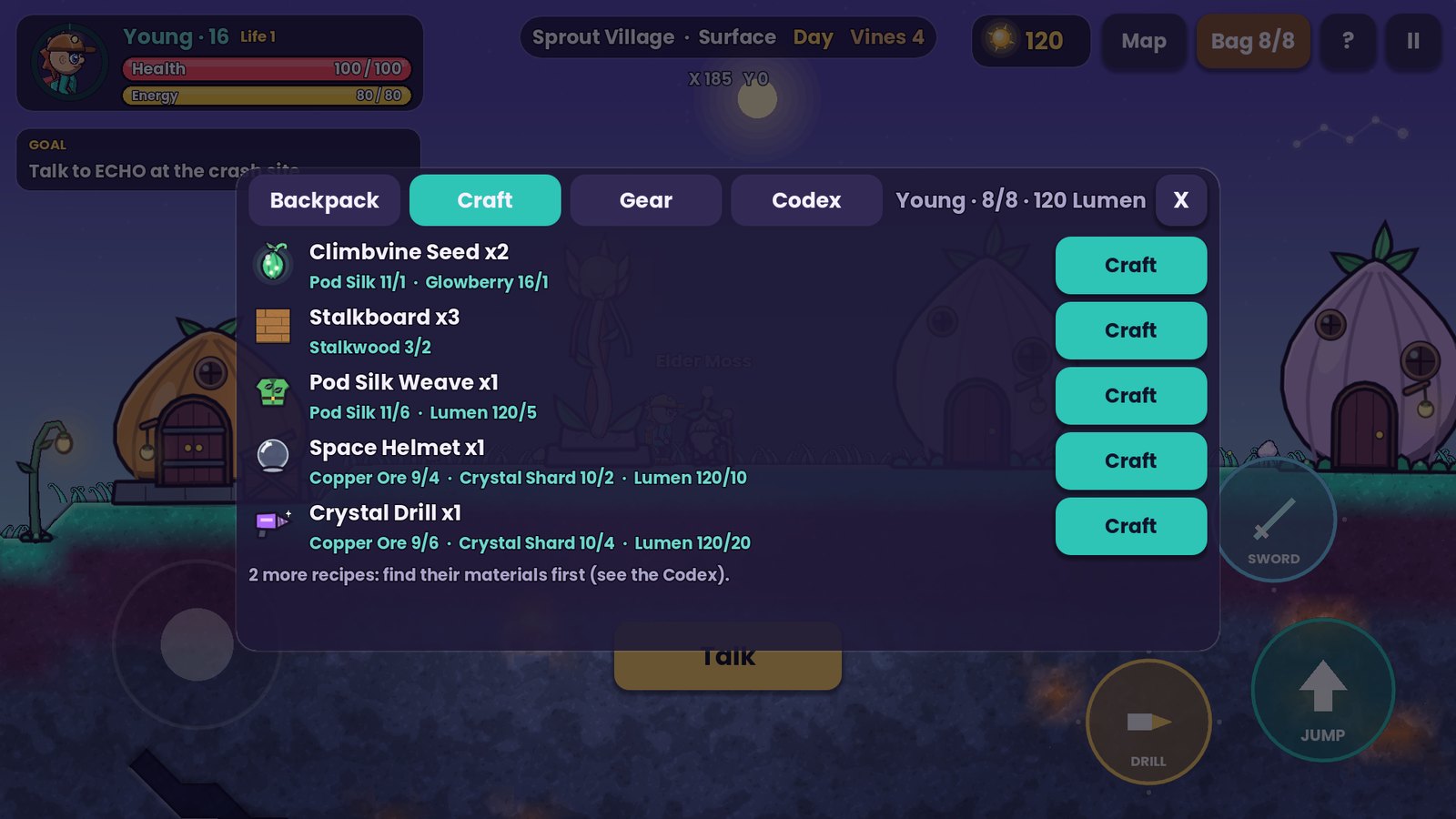 The crafting screen with recipes for Climbvine seeds, a Space Helmet and the Crystal Drill